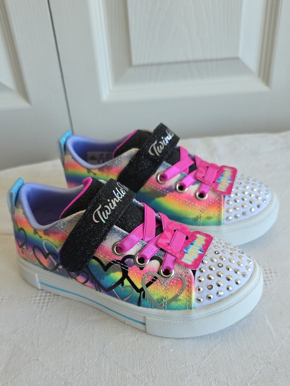 Skechers Twinkle Rainbow Heart Light-Up Sneakers - Pink & Black Toddler Size 10